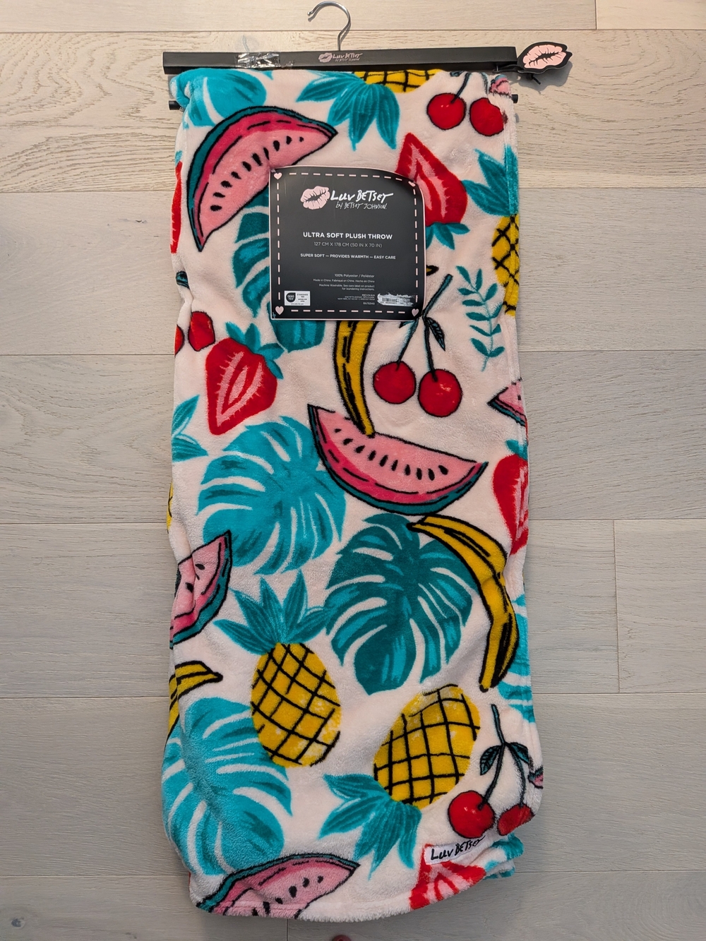 Betsey Johnson Tropical Fruit Plush Throw - White, Teal, Yellow, Pink, Red